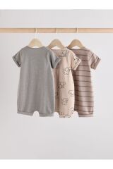 Next Baby %100 Pamuklu Neutral Elephant Desenli 3'lü Romper Set