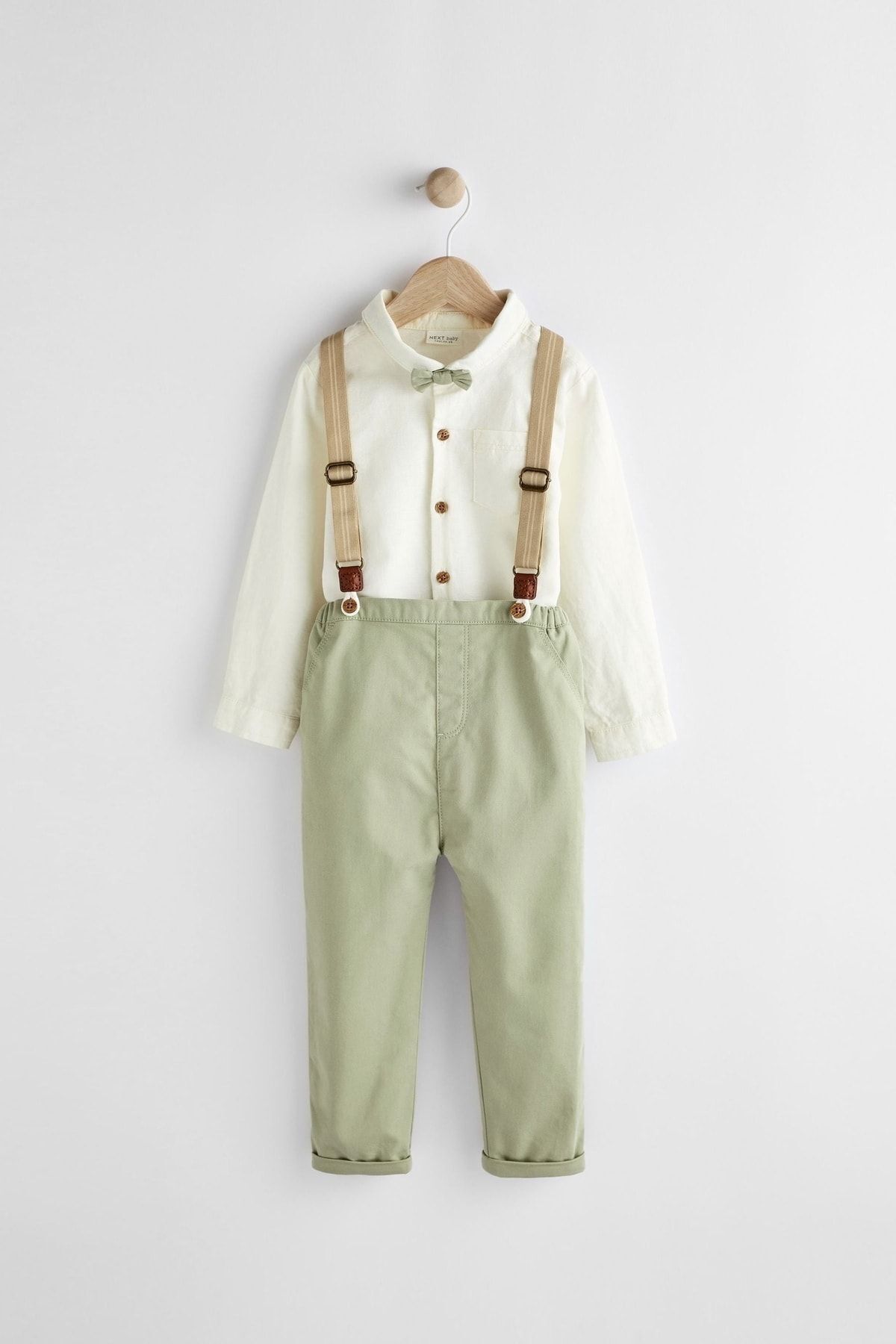 Next Baby Pamuklu Green Gömlek Body Papyon Pantolon Ve Pantolon Askısı Set