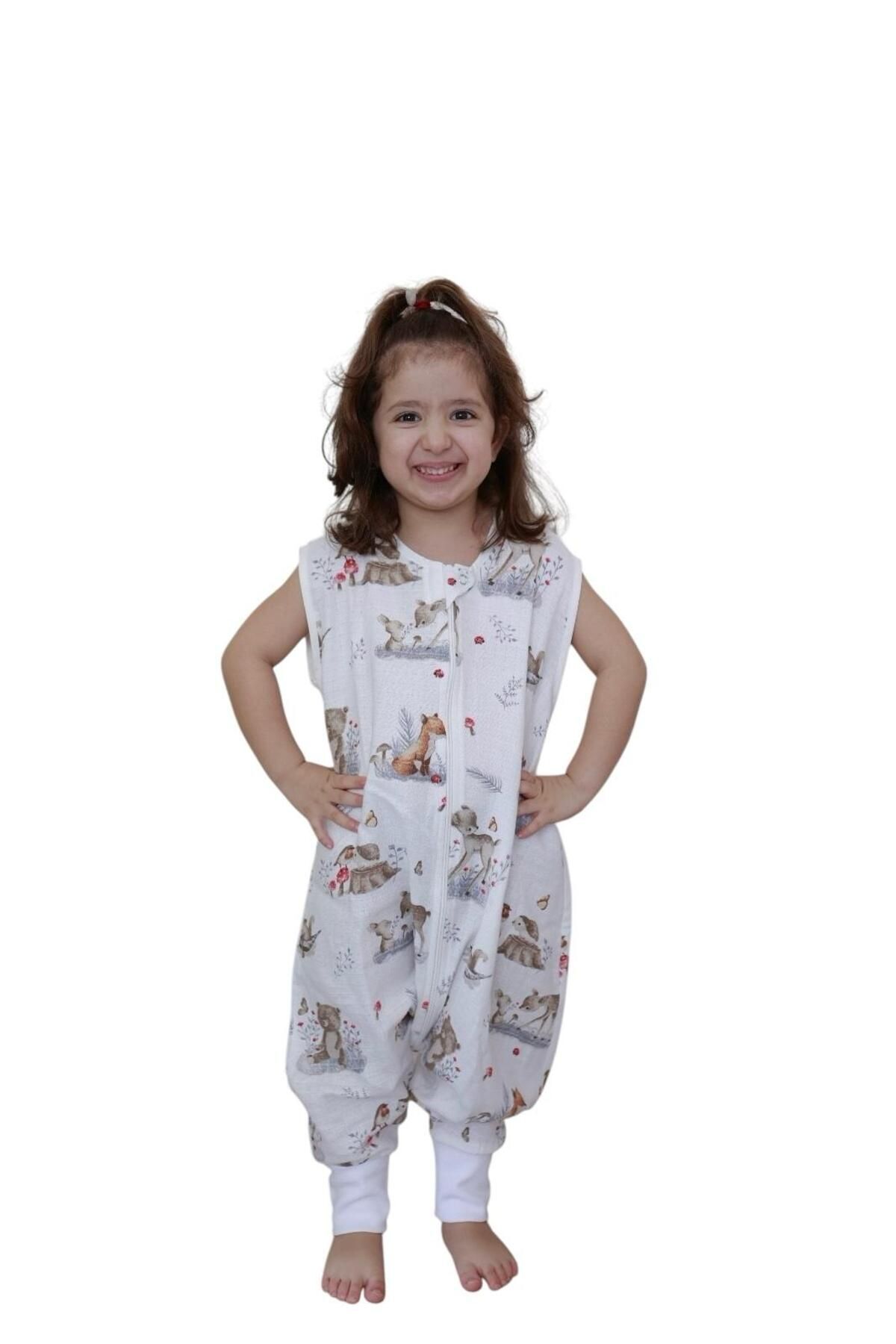 Naturtouch %100 Pamuklu Müslin  Geyik Desenli Kısa Kollu Fermuarlı Uyku Tulumu