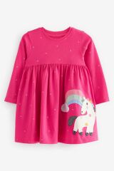 Next Baby % 100 Pamuklu Pembe Unicorn Uzun Kollu Elbise