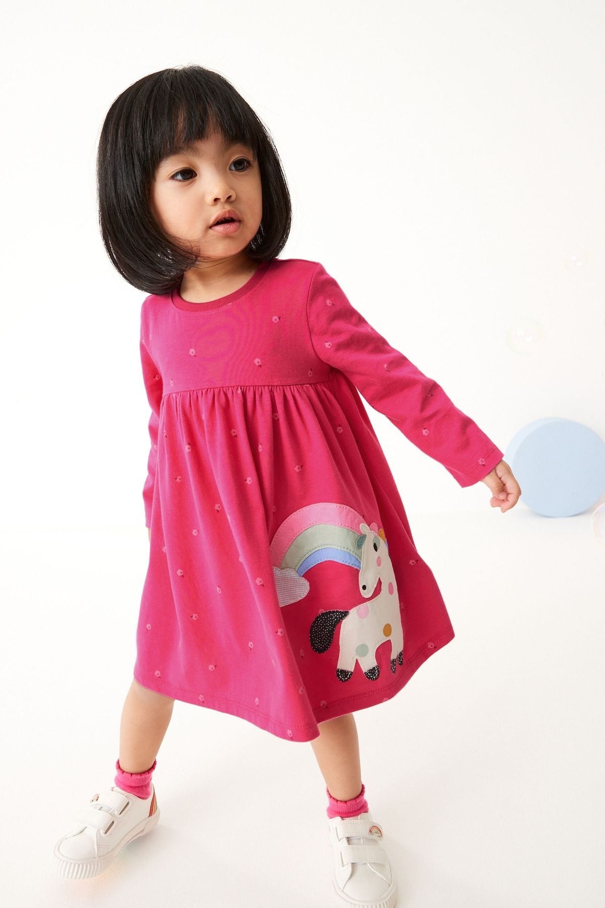 Next Baby % 100 Pamuklu Pembe Unicorn Uzun Kollu Elbise