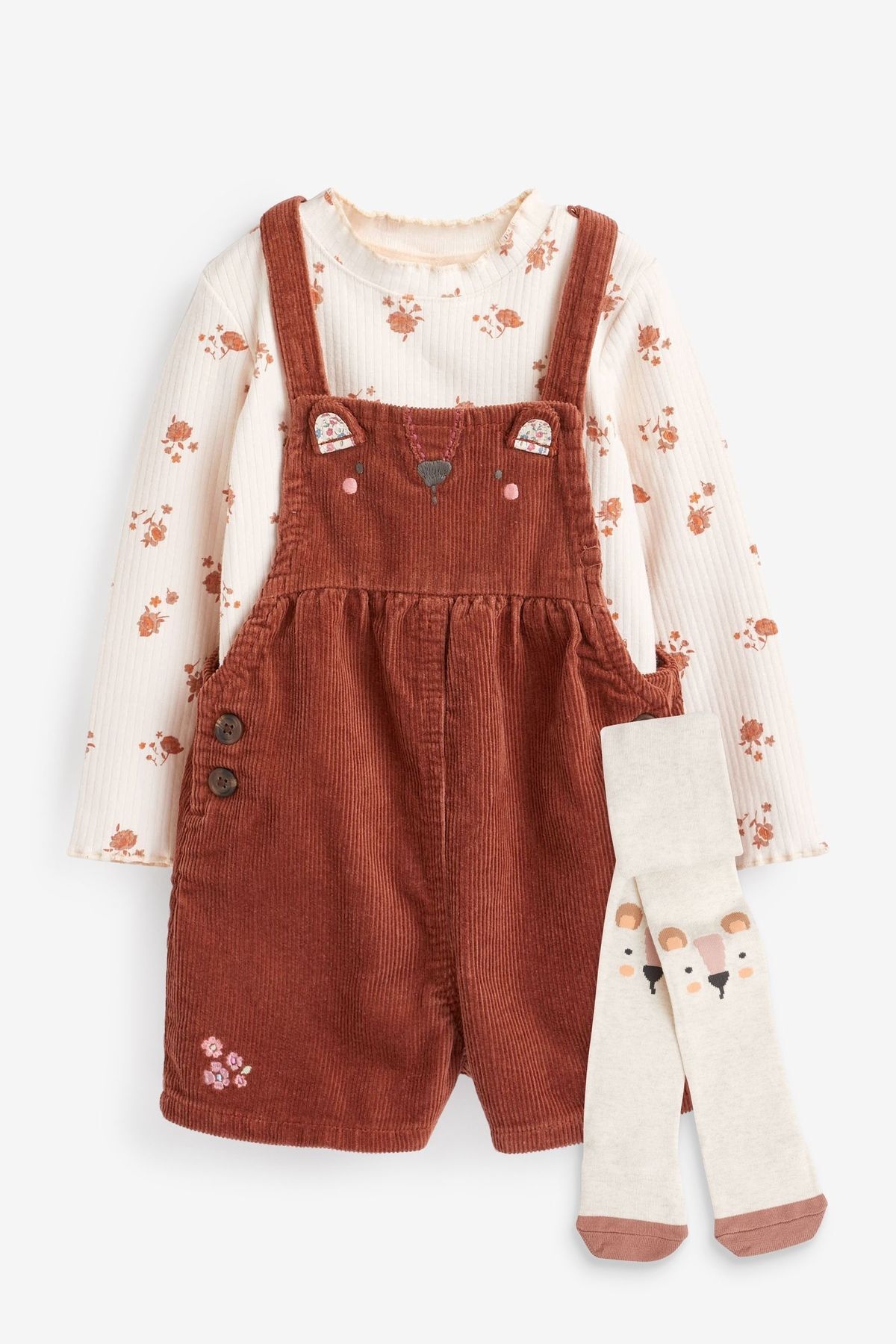 Next Baby % 100 Pamuklu Kızıl Kahve Kadife Salopet Body Zıbın Kilotlu Çorap Set
