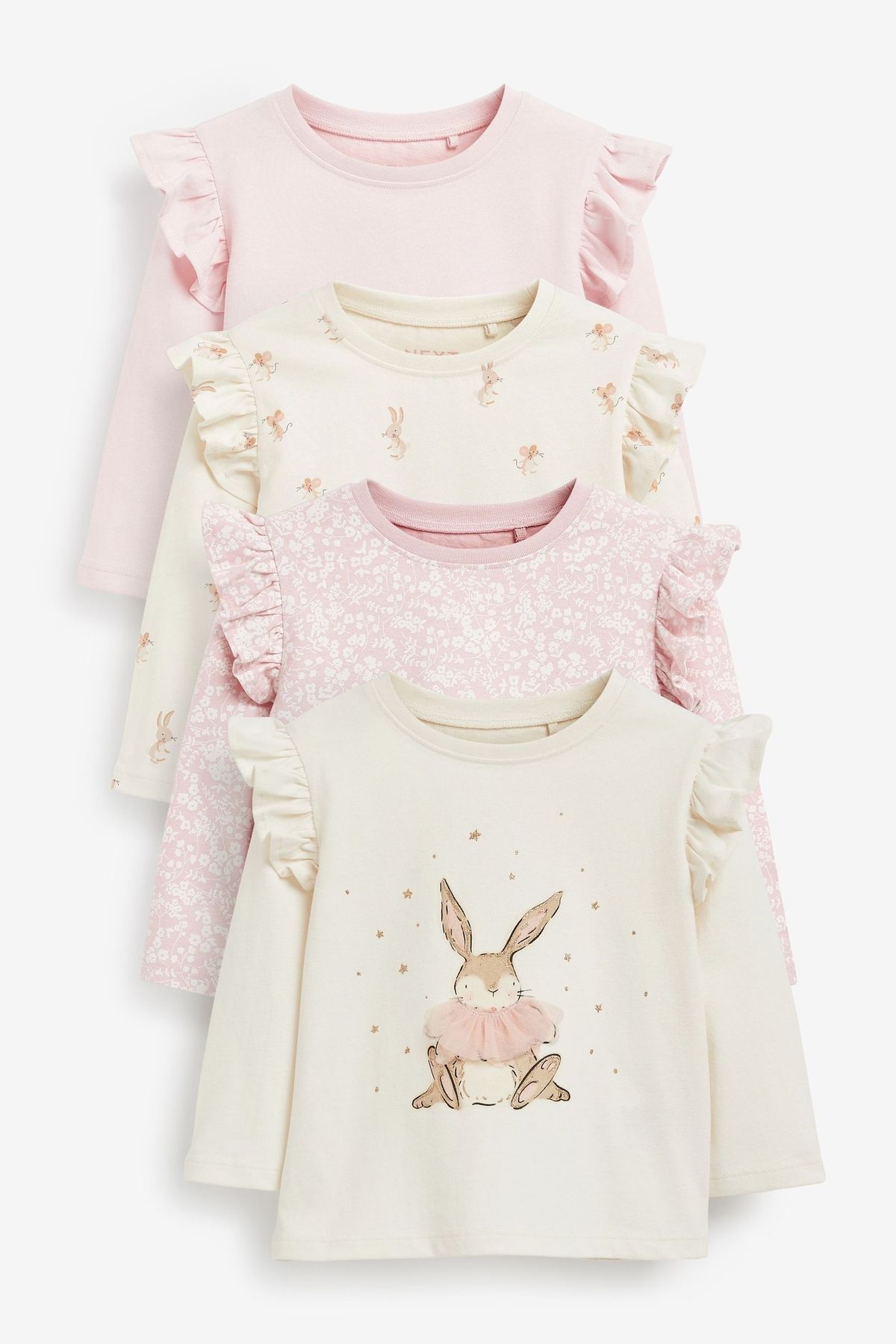 Next Baby Pamuklu Pembe Krem Tavşan Desenli Uzun Kollu 4’lü Body Set