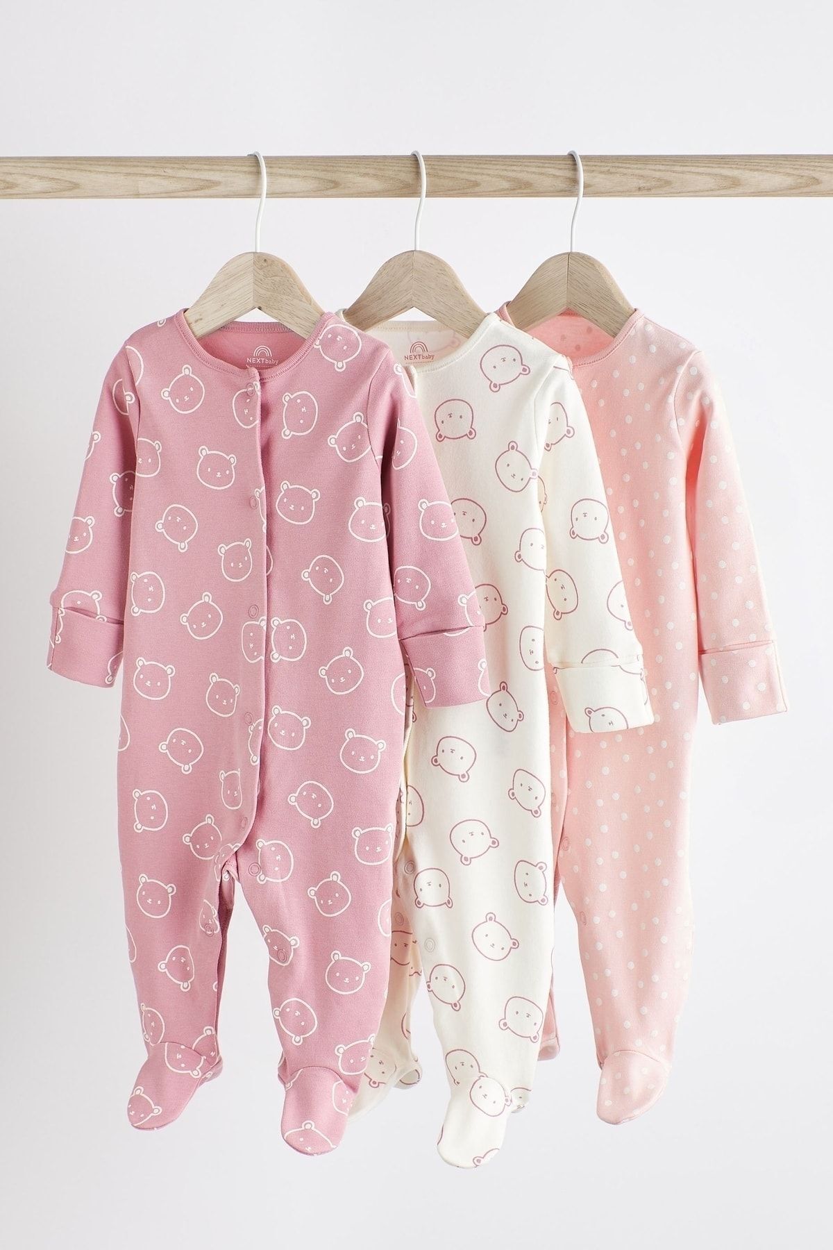 Next Baby % 100 Pamuklu Pembe Ayıcık Desenli 3’lü Tulum Set