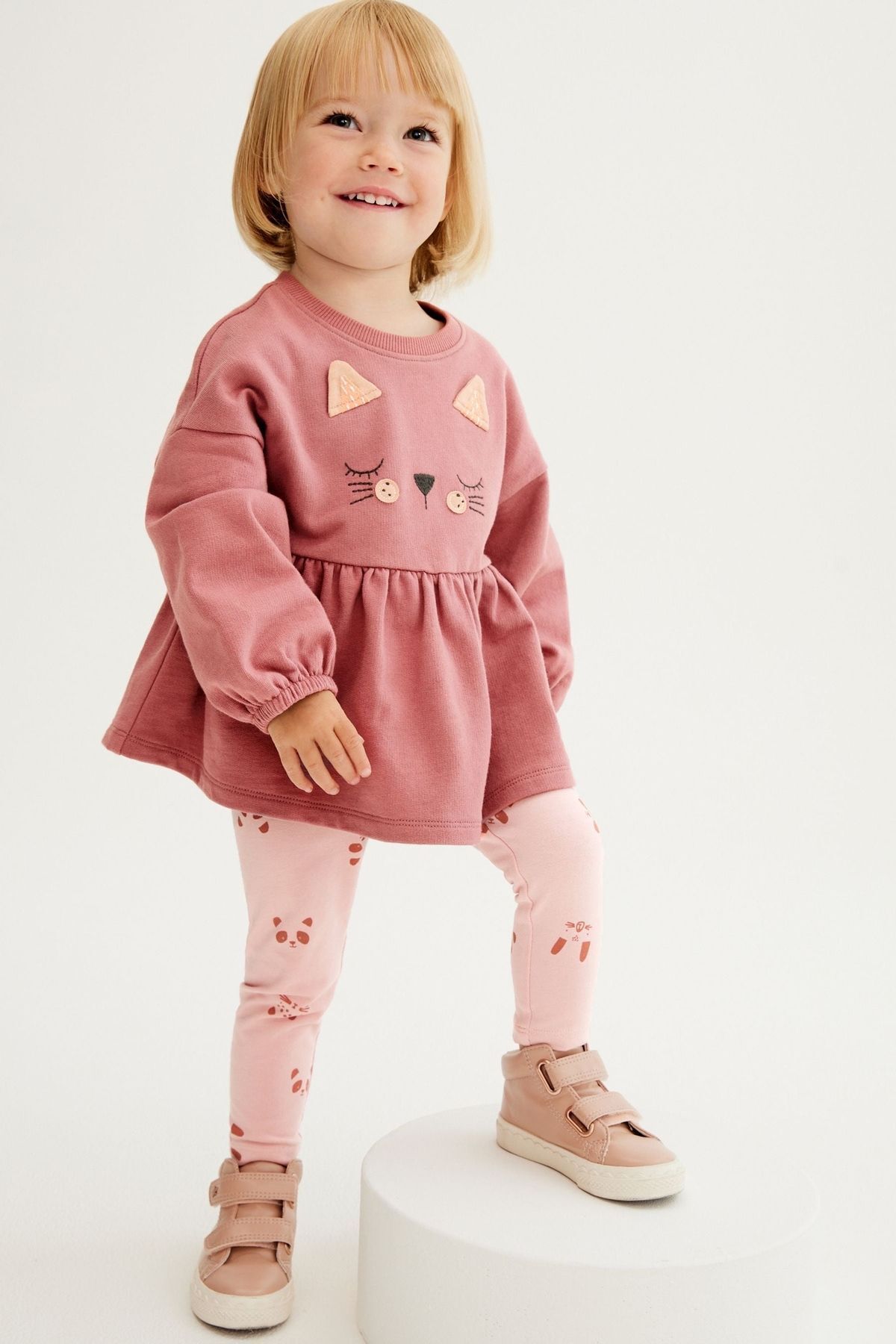 Next Baby % 100 Pamuklu Pembe Kedi Desenli Alt Üst Takım