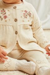 Next Baby Pamuklu Krem Çiçek Detaylı Örme Hırka Tayt Alt Üst Takım