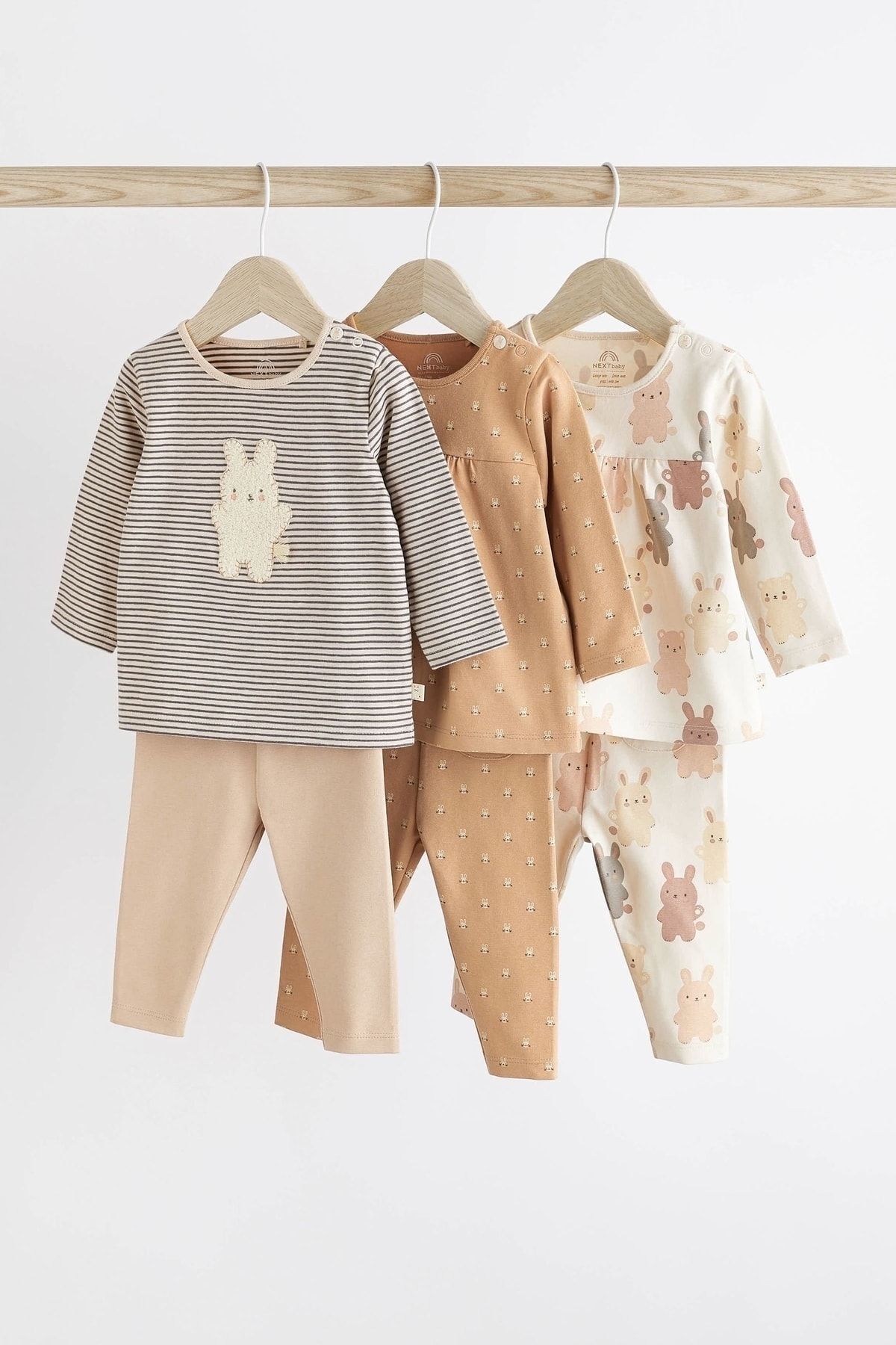 Next Baby % 100 Pamuklu Kahverengi Tavşan Desenli 3’lü Alt Üst Takım