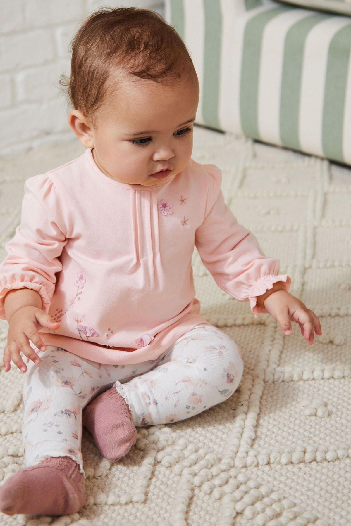 Next Baby % 100 Pamuklu Pembe Çiçek Desenli Uzun Kollu Alt Üst Takım