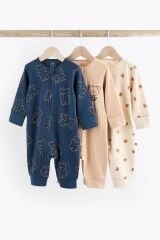 Next Baby % 100 Pamuklu Lacivert Krem Ayıcık Desenli 3’lü Tulum Set