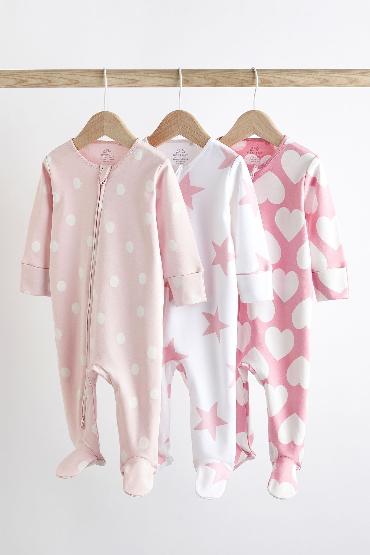Next Baby % 100 Pamuklu Pembe Beyaz Yıldız Kalp Desenli 3’lü Tulum Set