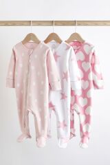 Next Baby % 100 Pamuklu Pembe Beyaz Yıldız Kalp Desenli 3’lü Tulum Set