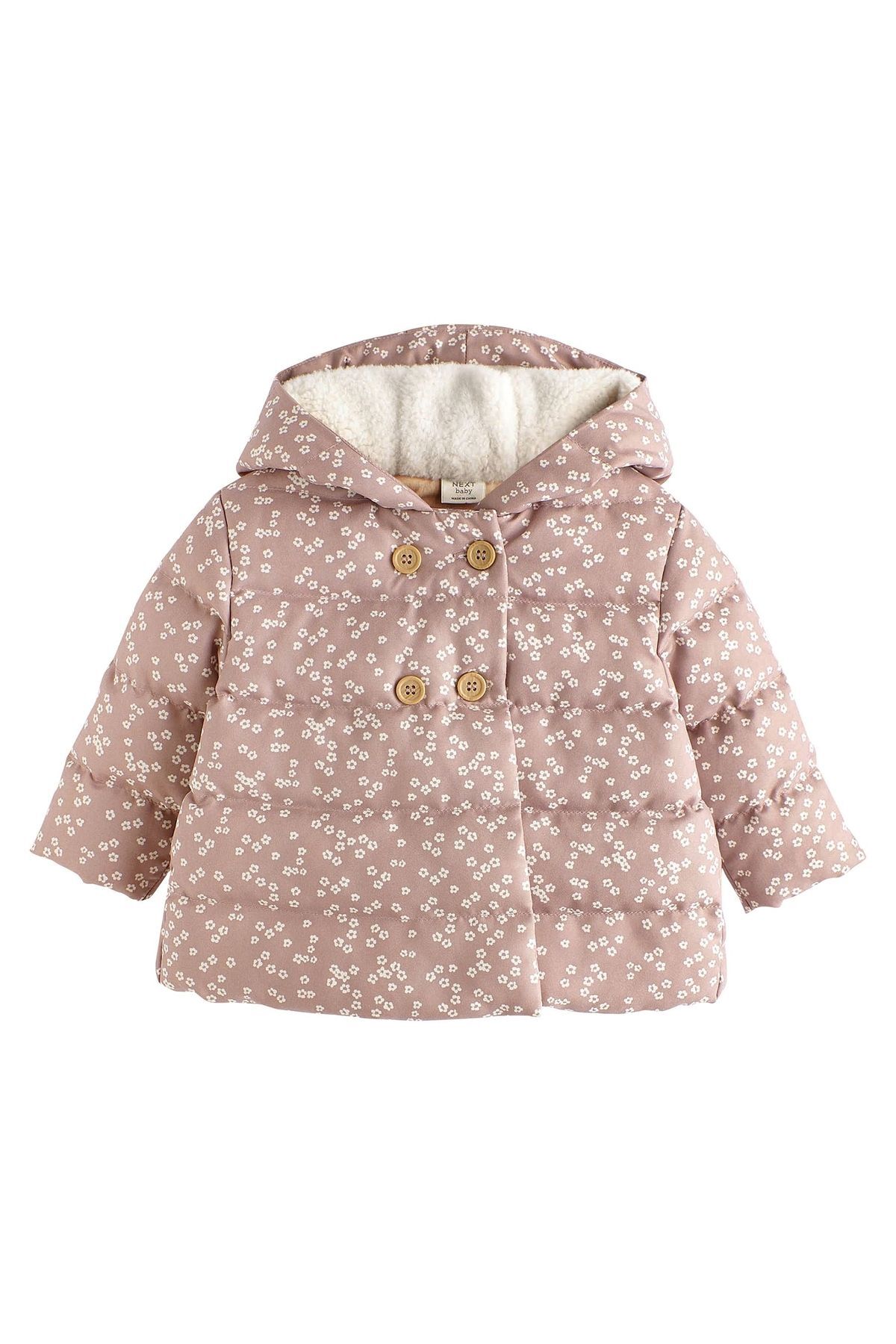 Next Baby Pembe Çiçek Desenli Polar Astarlı Su Geçirmez Kapüşonlu Mont