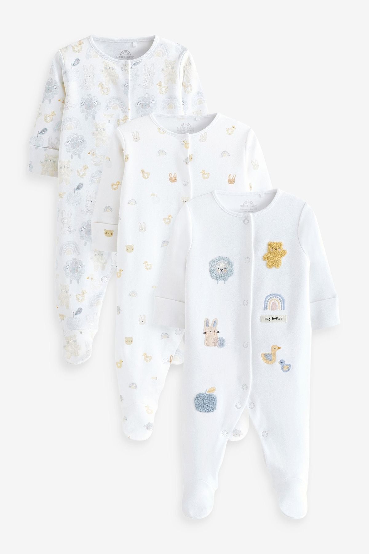 Next Baby % 100 Pamuklu Beyaz Hayvan Desenli 3’lü Tulum Set
