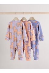 Next Baby %100 Pamuklu Leylak Moru Hayvan Desenli 3'lü Tulum Set