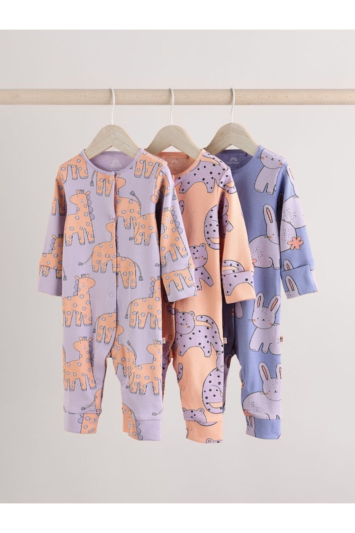 Next Baby %100 Pamuklu Leylak Moru Hayvan Desenli 3'lü Tulum Set