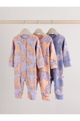 Next Baby %100 Pamuklu Leylak Moru Hayvan Desenli 3'lü Tulum Set