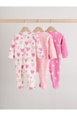 Next Baby %100 Pamuklu Pembe Kalp Desenli 3'lü Tulum Set