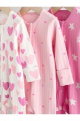 Next Baby %100 Pamuklu Pembe Kalp Desenli 3'lü Tulum Set