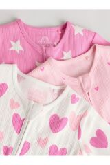 Next Baby %100 Pamuklu Pembe Kalp Desenli 3'lü Tulum Set