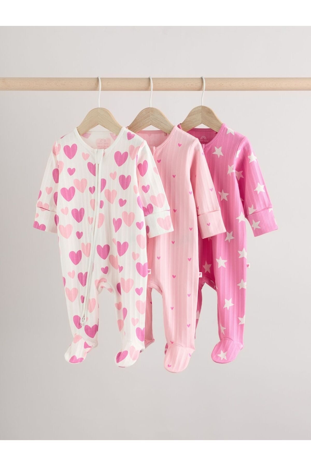 Next Baby %100 Pamuklu Pembe Kalp Desenli 3'lü Tulum Set