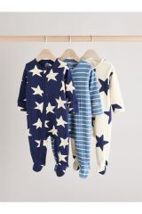 Next Baby %100 Pamuklu Parlak Lacivert Yıldız Desenli 3'lü Tulum Set
