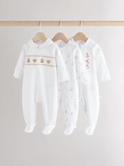 Next Baby Next Baby %100 Pamuklu Beyaz Hayvan Nakış Desenli 3'lü Tulum Set