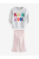Next Baby Pamuklu Gri Pembe Baskılı Uzun Kollu Sweatshirt Tayt Alt Üst Takım