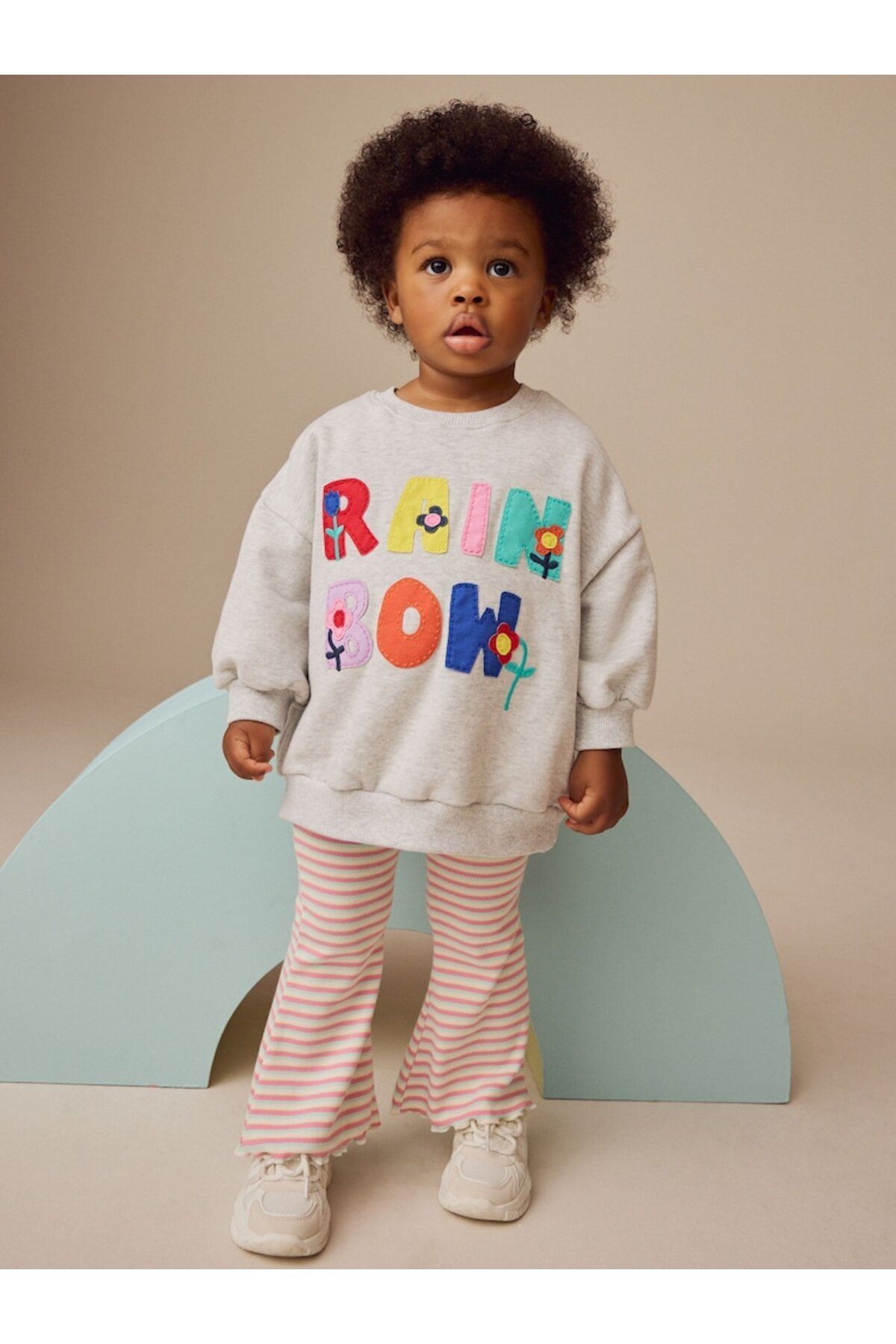 Next Baby Pamuklu Gri Pembe Baskılı Uzun Kollu Sweatshirt Tayt Alt Üst Takım