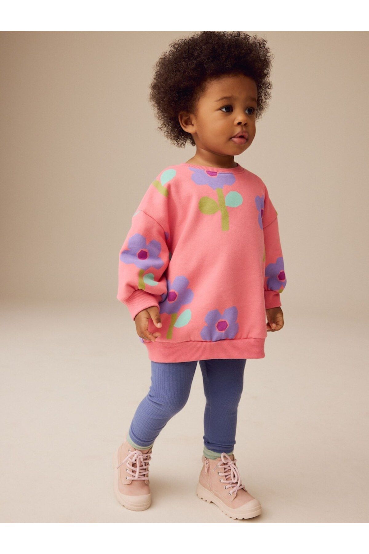 Next Baby Pamuklu  Pembe Çiçek Baskılı Uzun Kollu Sweatshirt Tayt Alt Üst Takım