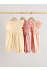 Next Baby %100 Pamuklu Krem Pembe Fırfır Kol Dantel Detaylı 3'lü Romper Set