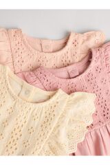Next Baby %100 Pamuklu Krem Pembe Fırfır Kol Dantel Detaylı 3'lü Romper Set