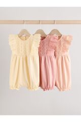 Next Baby %100 Pamuklu Krem Pembe Fırfır Kol Dantel Detaylı 3'lü Romper Set