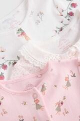 Next Baby % 100 Pamuklu Pembe Çiçek Desenli Dantel Yaka 3'lü Tulum Set