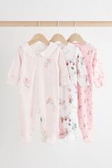 Next Baby % 100 Pamuklu Pembe Çiçek Desenli Dantel Yaka 3'lü Tulum Set