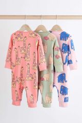 Next Baby % 100 Pamuklu Pembe Hayvan Desenli 3’lü Tulum Set