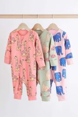 Next Baby % 100 Pamuklu Pembe Hayvan Desenli 3’lü Tulum Set