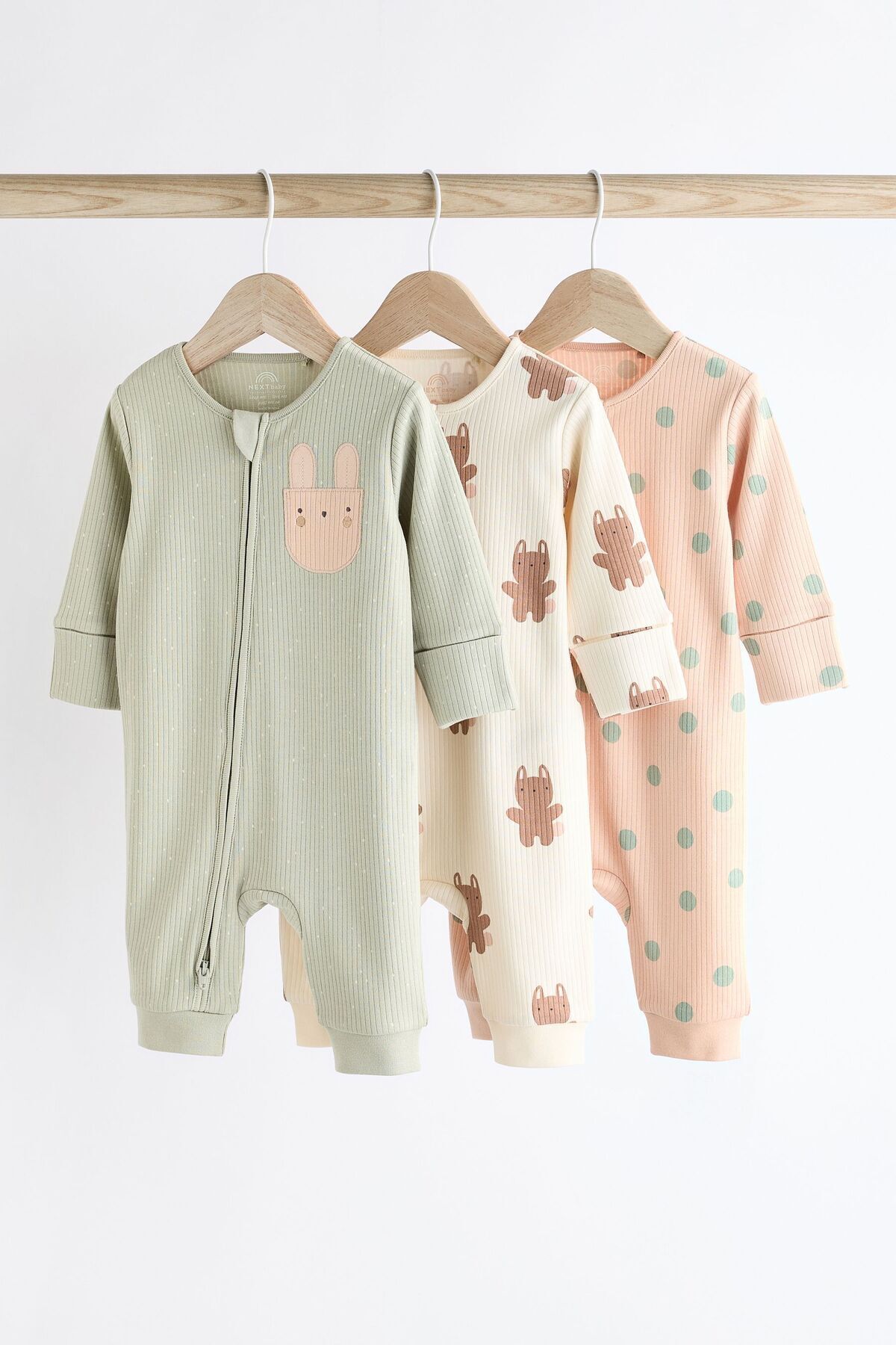 Next Baby % 100 Pamuklu Adaçayı Yeşili Tavşan Desenli 3’lü Tulum Set