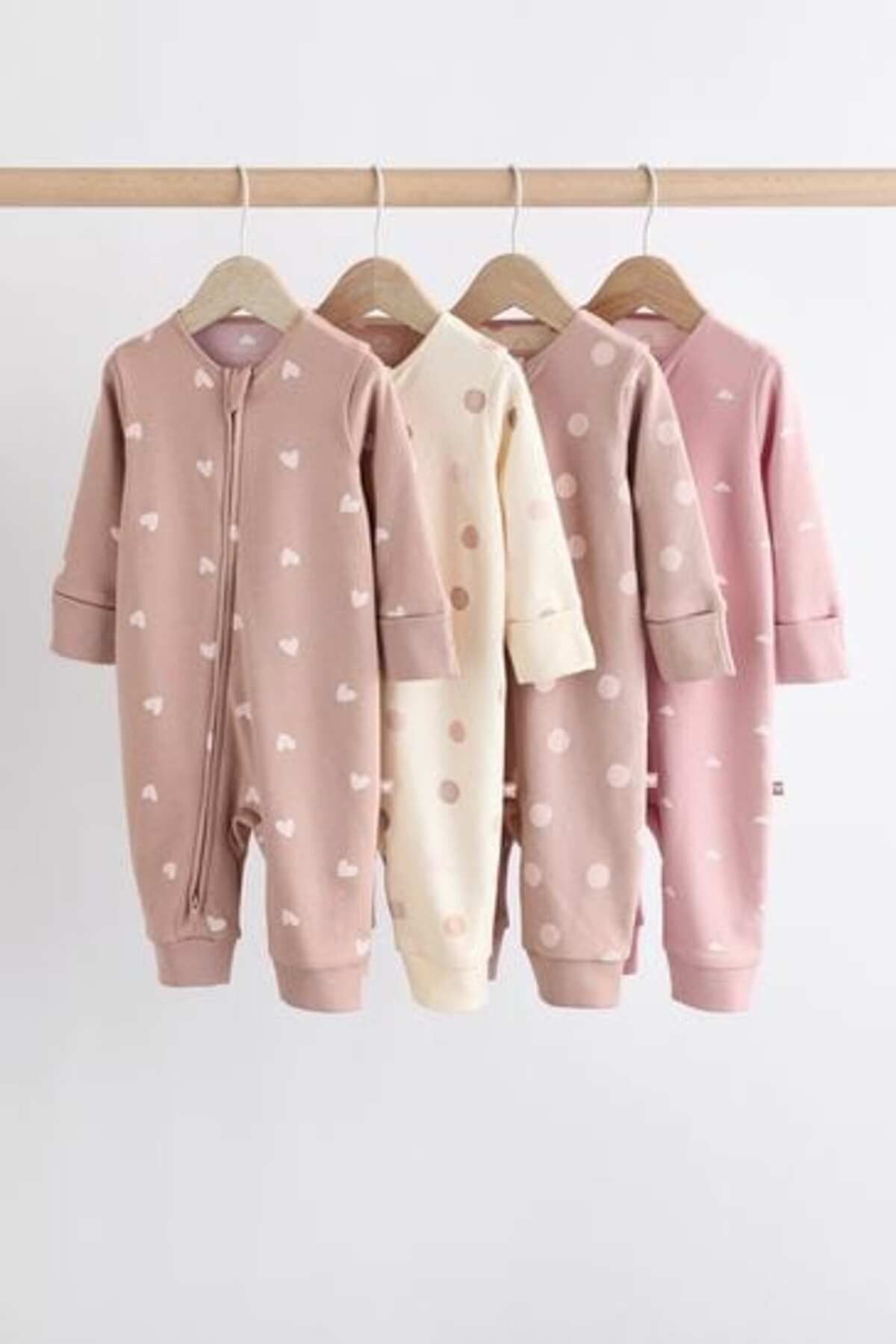 Next Baby % 100 Pamuklu Pembe Kahve Kalp Desenli 4'lü Tulum Set