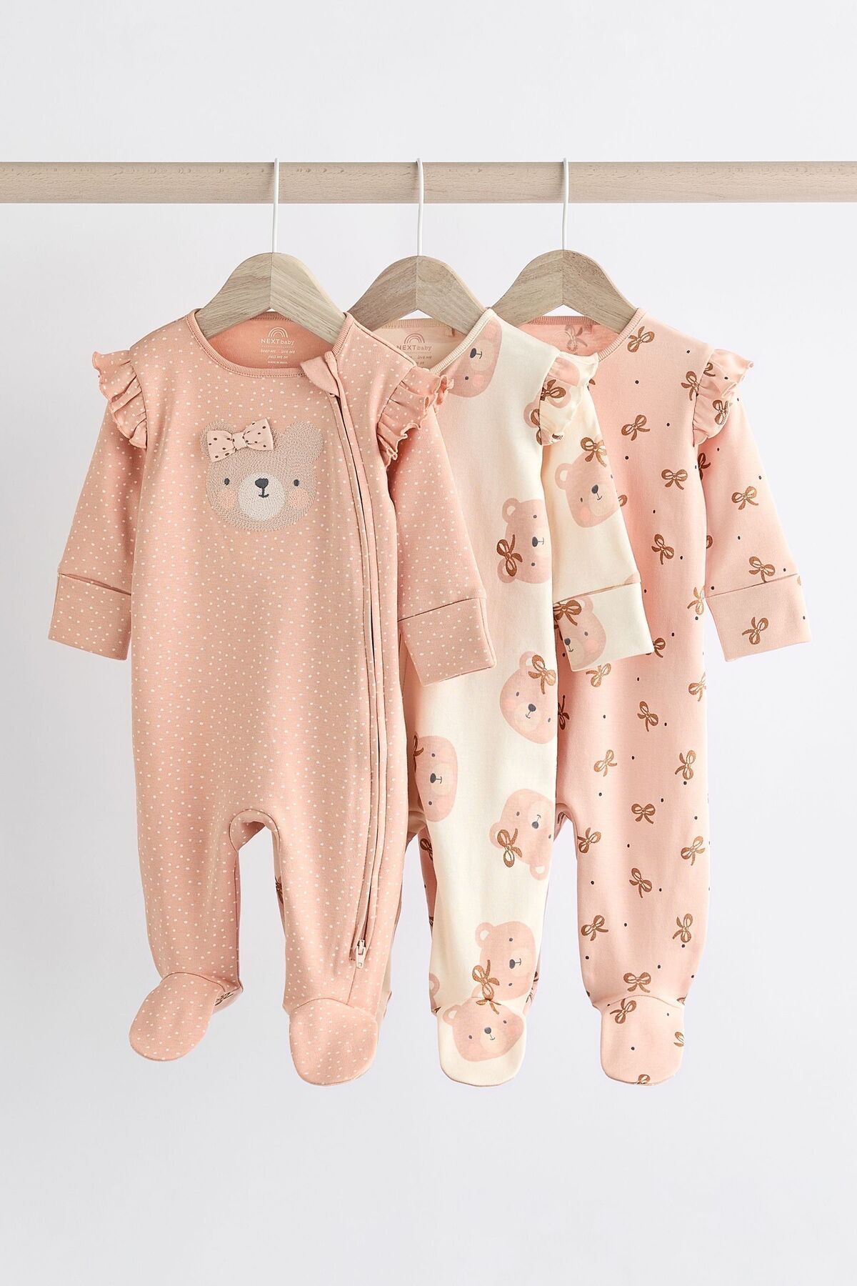 Next Baby % 100 Pamuklu Pembe Ayı Desenli 3’lü Tulum Set
