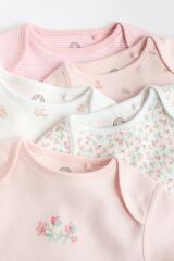 Next Baby % 100 Pamuklu Pembe Çiçek Desenli Kısa Kollu 5'li Body Zıbın Set