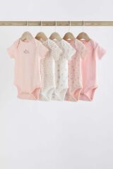 Next Baby % 100 Pamuklu Pembe Çiçek Desenli Kısa Kollu 5'li Body Zıbın Set