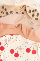 Next Baby % 100 Pamuklu Krem Kahve Kiraz Desenli Uzun Kollu 5'li Body Zıbın Set