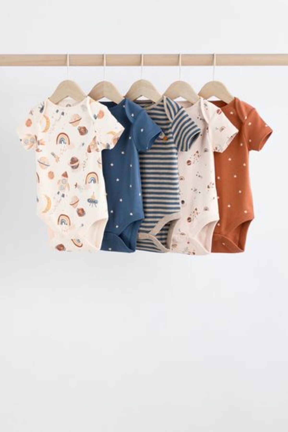 Next Baby % 100 Pamuklu Krem Lacivert Uzay Temalı Kısa Kollu 5'li Body Zıbın Set