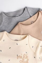 Next Baby % 100 Pamuklu Krem Kahve Uzun Kollu 3'lü Body Zıbın Set