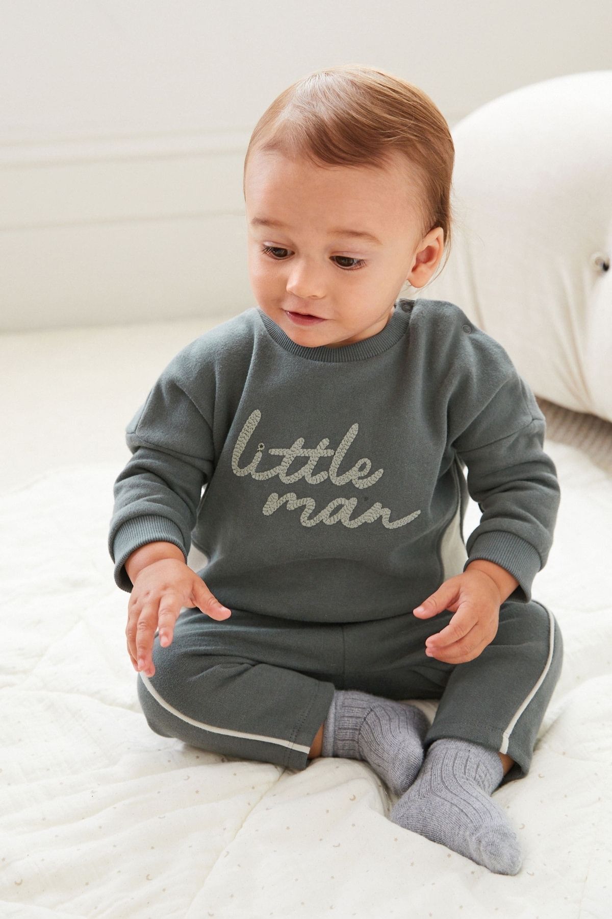 Next Baby Pamuklu Gri Little Man Sweatshirt Jogger Alt Üst Takım