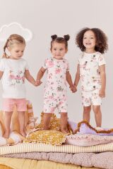 Next Baby % 100 Pamuklu Pembe Çiçek Peri Desenli 3’lü Şortlu Alt Üst Takım