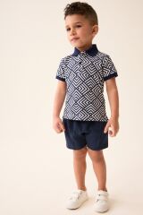 Next Baby Pamuklu Lacivert Beyaz Polo Yaka Çizgili Kısa Kollu Şortlu Alt Üst Takım