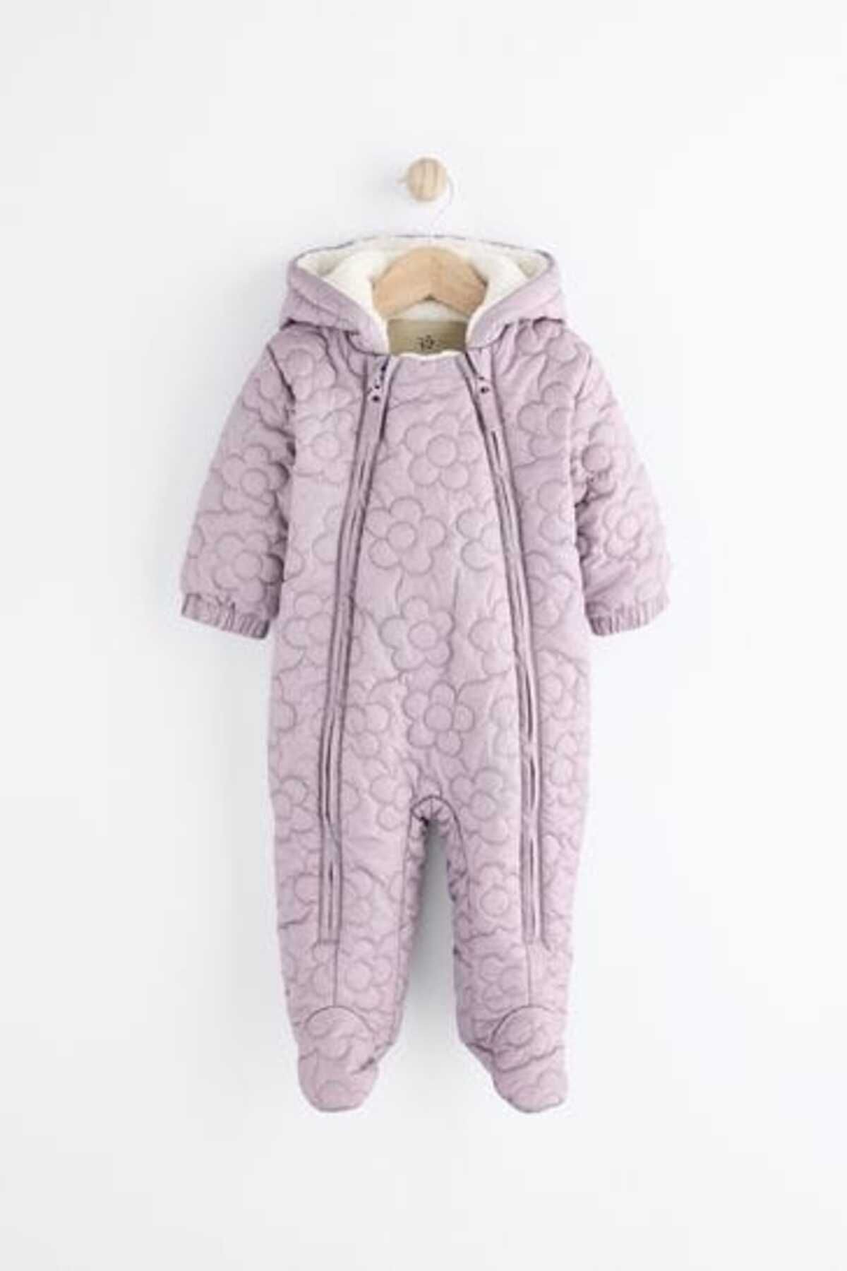 Next Baby Lila Çiçek Desenli  Tam Polar Astarlı Kapitone  Astronot Tulum