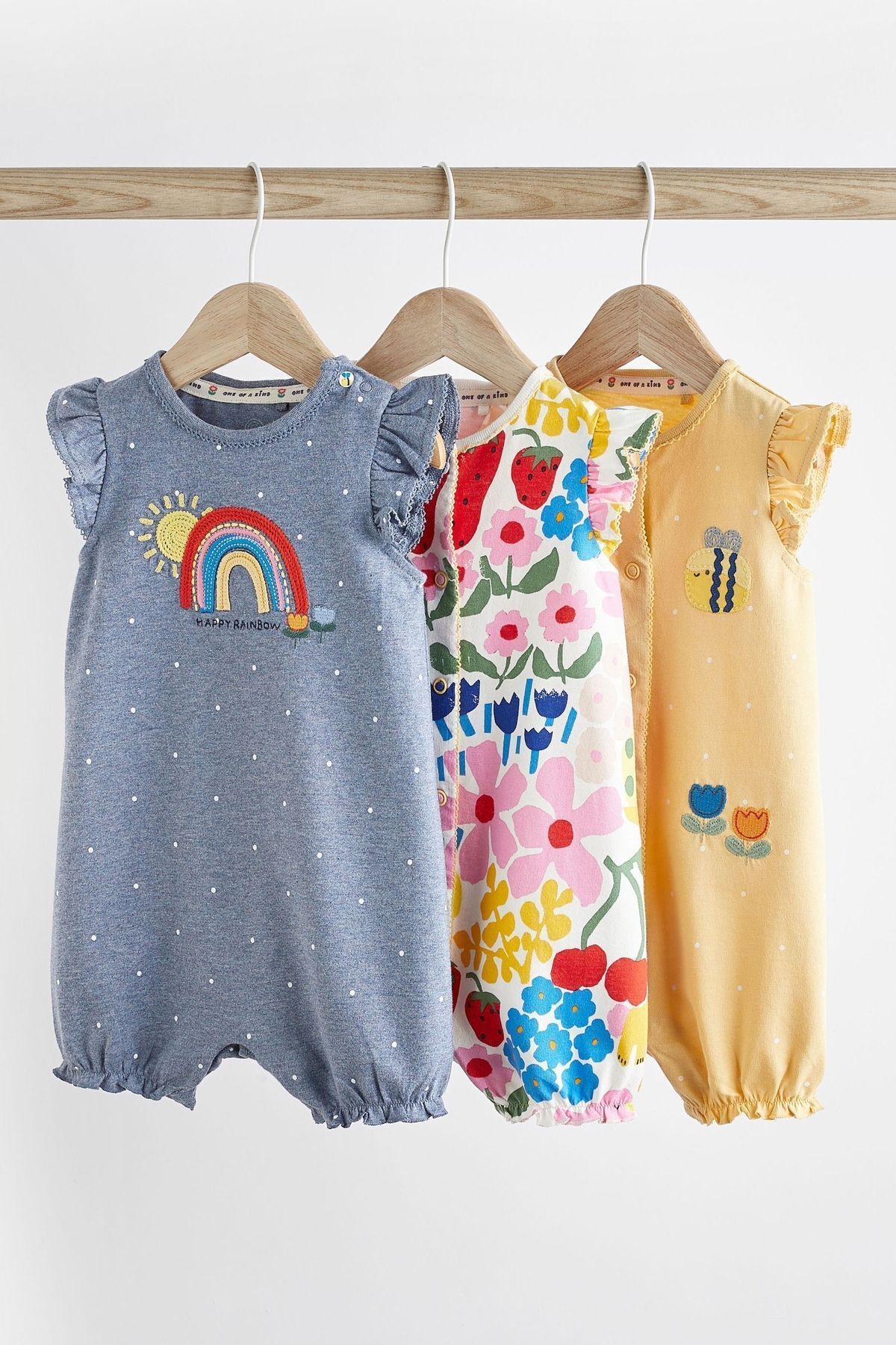 Next Baby % 100 Pamuklu Mavi Sarı Gökkuşağı Desenli 3’lü Romper Set