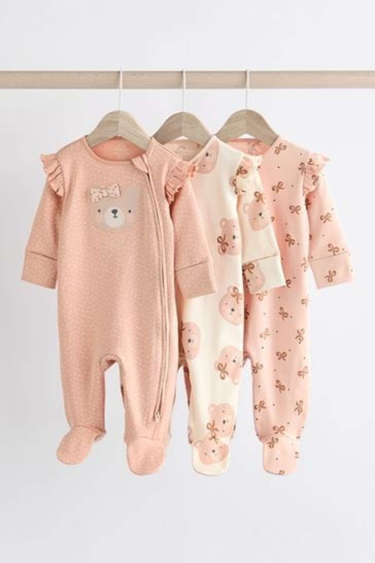 Next Baby %100 Pamuklu Pembe Ayı Desenli 3' lü Tulum Set